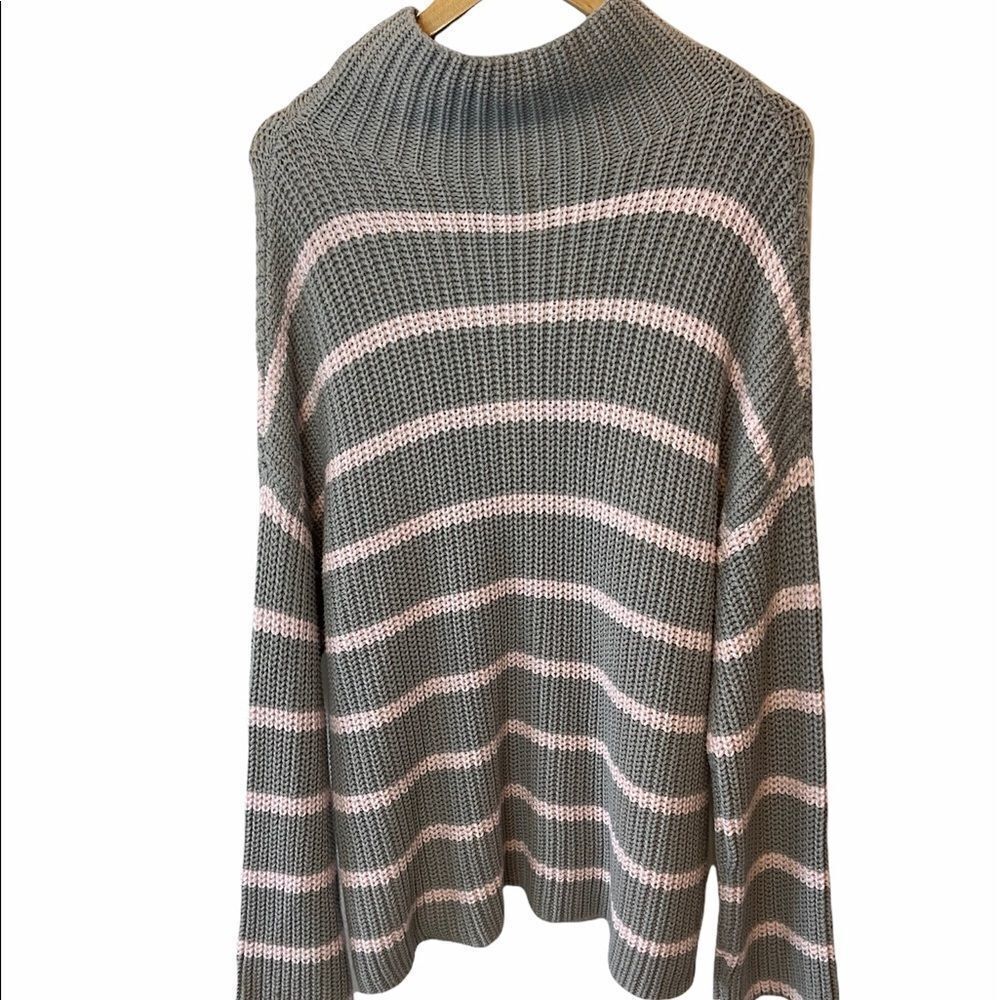 NWT CASLON Grey&Pink Striped Heavy Knit High Neck Wide Sleeve Loose Long Sweater